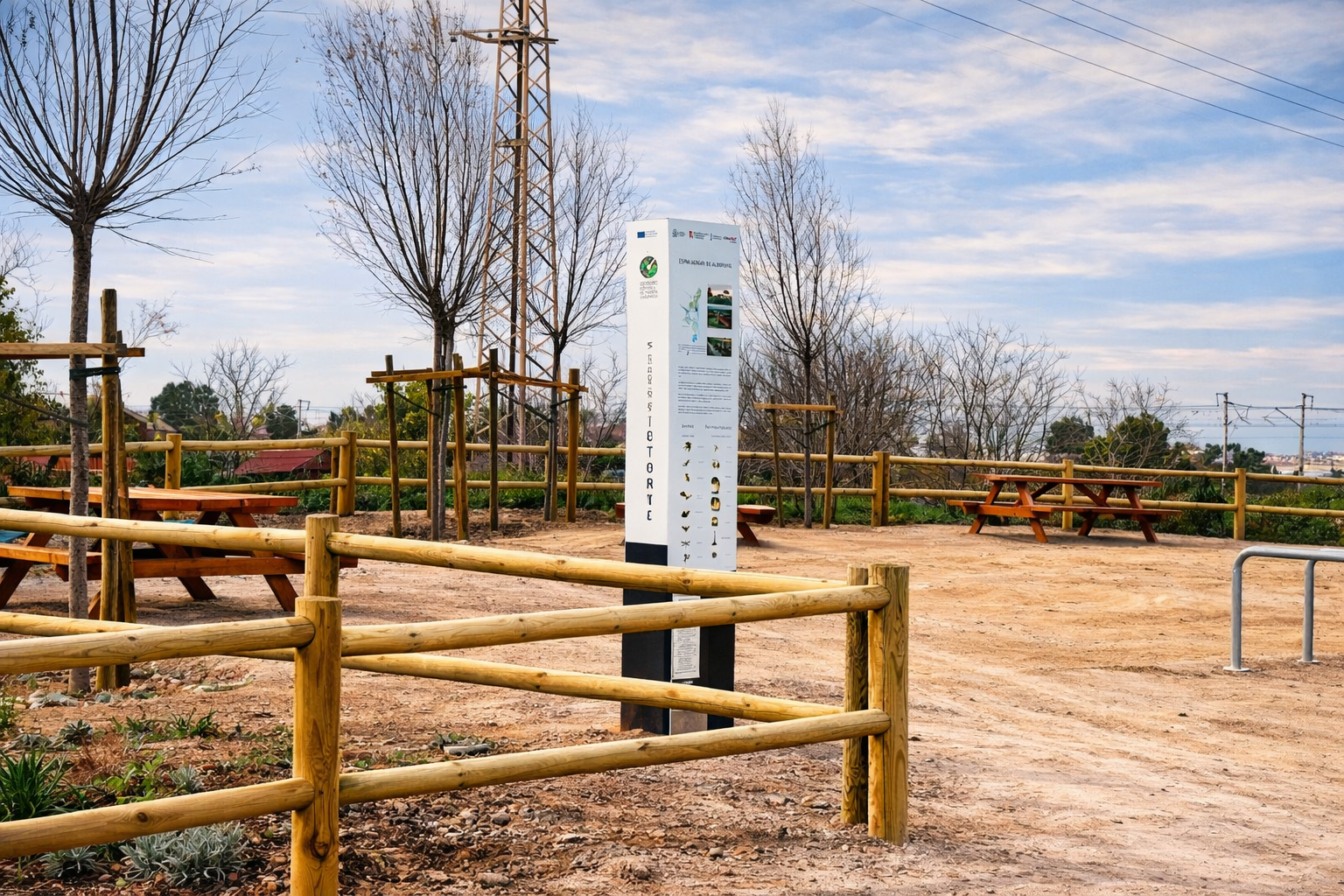 Zona de campo con merenderos rodeada por una valla de madera